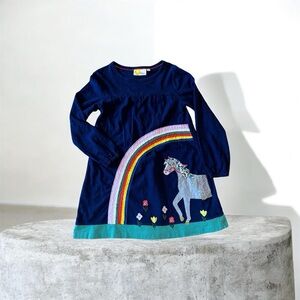 Mini Boden Navy Dress with Rainbow and Horse Design